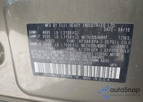 2016 Subaru Outback 2.5I Premium z USA, uszkodzony, nr VIN 4S4BSACC0G3224128